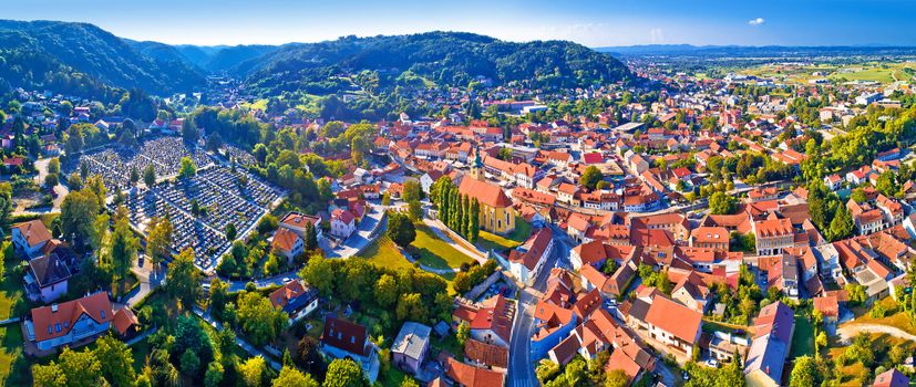 Samobor cityscape and surrounding hills aerial panoramic view, northern Croatia