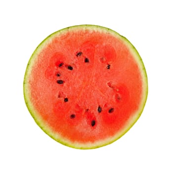 Close up half of fresh red ripe juicy watermelon cut isolated on white background, directly above, elevated top view