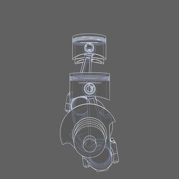 Engine pistons outline. 3D illustration. White lines and grey background