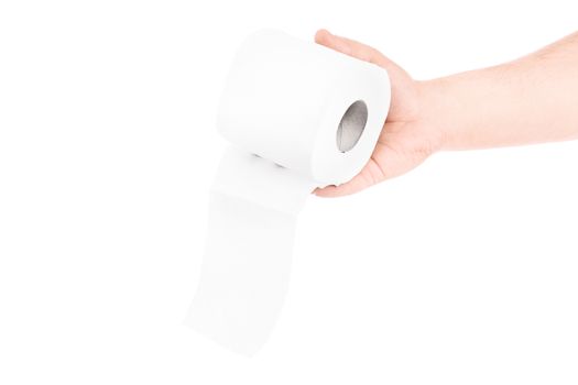 A hand handing out a roll of toilet paper, isolated on white background.