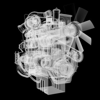 Internal combustion engine X-Ray style. Isolated on black background. 3D illustration