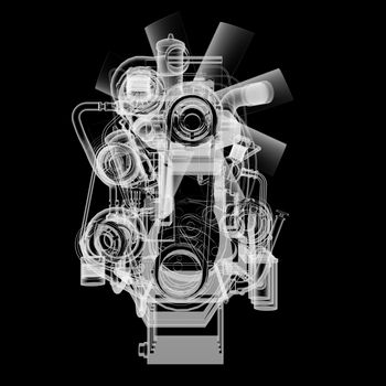 Internal combustion engine X-Ray style. Isolated on black background. 3D illustration