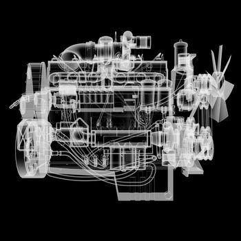 Internal combustion engine X-Ray style. Isolated on black background. 3D illustration