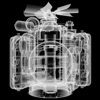 Internal combustion engine X-Ray style. Isolated on black background. 3D illustration