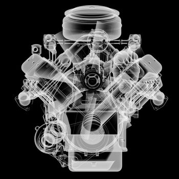 Internal combustion engine X-Ray style. Isolated on black background. 3D illustration