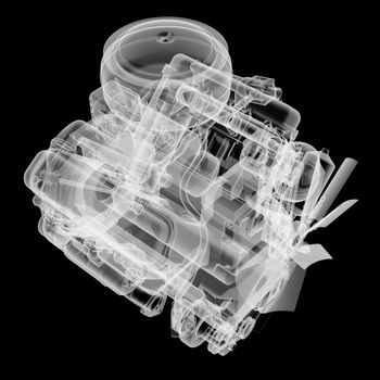 Internal combustion engine X-Ray style. Isolated on black background. 3D illustration