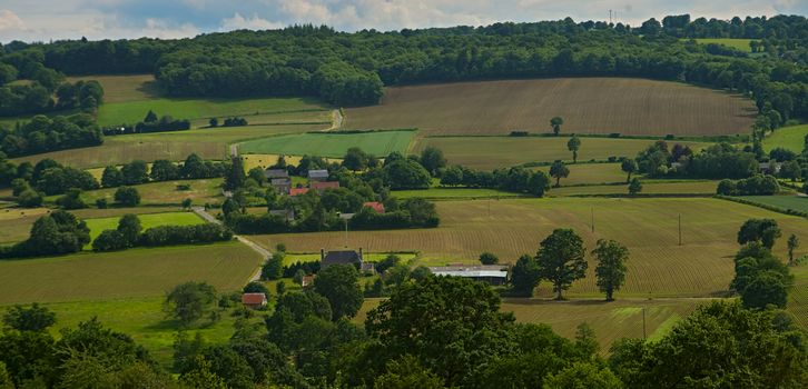 View from the hill on tranquil landscape in rural Normandy