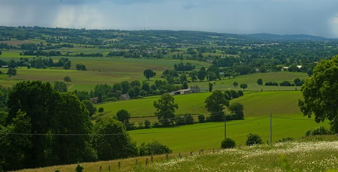 View from the hill on tranquil landscape in rural Normandy