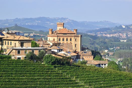 A panoramic view of Castle of Barolo and vineyards.