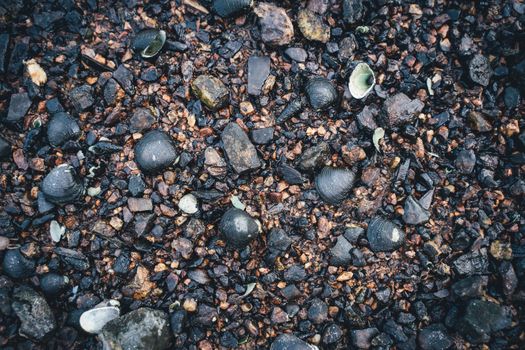 The Small stones by the sea with bokeh effect. Blurred decorative background