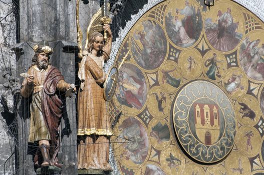 Close up view of the astronomical clock of Prague, Czech Republic.