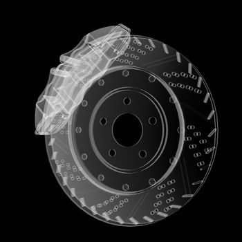 Brake disc and pads X-Ray style. Isolated on black background. 3D illustration