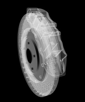 Brake disc and pads X-Ray style. Isolated on black background. 3D illustration