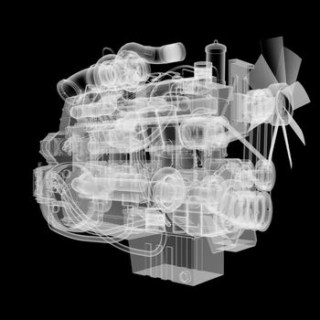 Internal combustion engine X-Ray style. Isolated on black background. 3D illustration