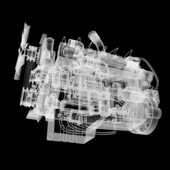 Internal combustion engine X-Ray style. Isolated on black background. 3D illustration