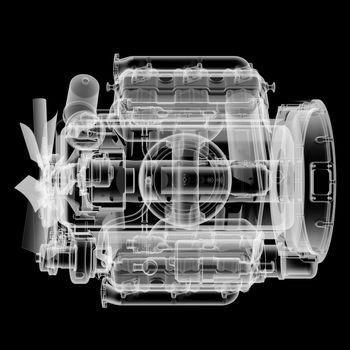 Internal combustion engine X-Ray style. Isolated on black background. 3D illustration