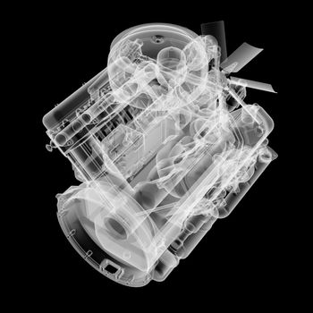 Internal combustion engine X-Ray style. Isolated on black background. 3D illustration