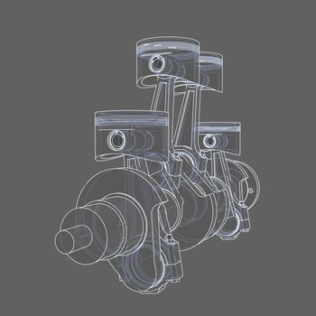 Engine pistons outline. 3D illustration. White lines and grey background