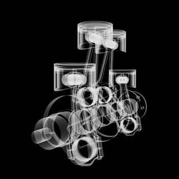 Pistons and crankshaft X-Ray style. Isolated on black background. 3D illustration