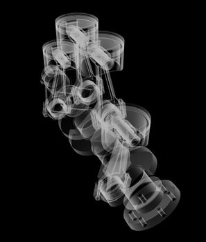 Pistons and crankshaft X-Ray style. Isolated on black background. 3D illustration