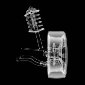 X-ray Car suspension and brake disk on black background, 3d illustration