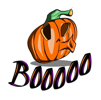 cartoon halloween pumpkin drawing on white background with text boo