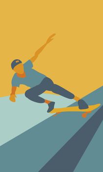 drawing of skater in orange and blue colors, modern and minimalist style