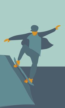 drawing of skater in orange and blue colors, modern and minimalist style