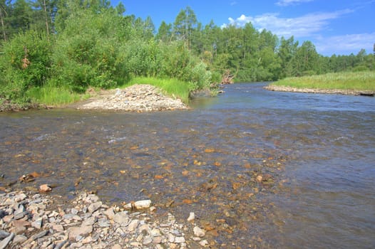 The confluence of two small rivers with rocky shores and bushes. Altai, Siberia, Russia.