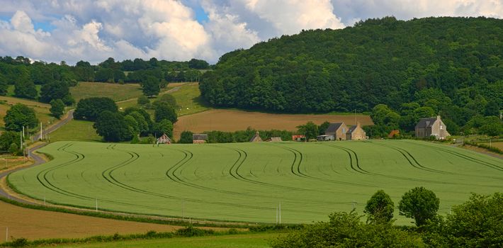 View from the hill on tranquil landscape in rural Normandy