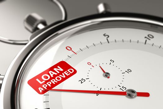 3D illustration of chronometer with needle pointing the text loan approved. Quick approval concept