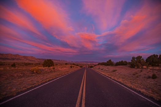 Bright sunset over Utah's Scenic Byway 12 near Escalante.