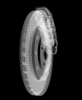 Brake disc and pads X-Ray style. Isolated on black background. 3D illustration