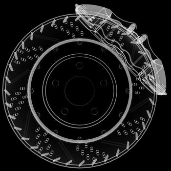 Brake disc and pads X-Ray style. Isolated on black background. 3D illustration