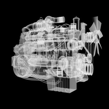 Internal combustion engine X-Ray style. Isolated on black background. 3D illustration