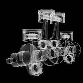 Pistons and crankshaft X-Ray style. Isolated on black background. 3D illustration