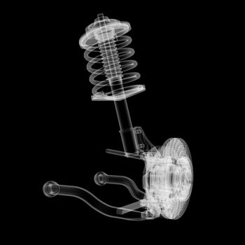 X-ray Car suspension and brake disk on black background, 3d illustration