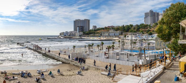 Odessa, Ukraine - 09.05.2019. Panoramic view of the autumn beach in the resort of Arcadia in Odessa, Ukraine, on a sunny day