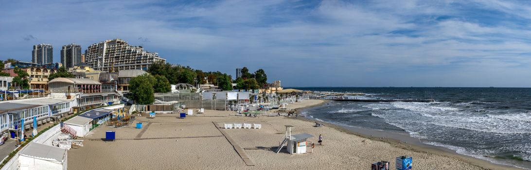 Odessa, Ukraine - 09.05.2019. Panoramic view of the autumn beach in the resort of Arcadia in Odessa, Ukraine, on a sunny day