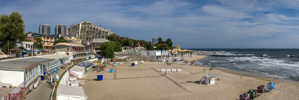 Odessa, Ukraine - 09.05.2019. Panoramic view of the autumn beach in the resort of Arcadia in Odessa, Ukraine, on a sunny day