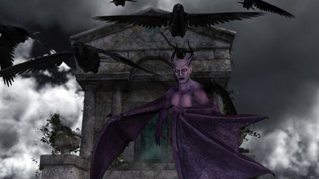 Fallen angel satan in old spooky mausoleum in moonlight - 3d rendering