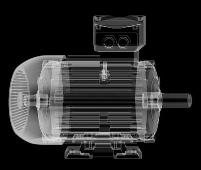 Electric motor X-Ray style. Isolated on black background. 3D illustration