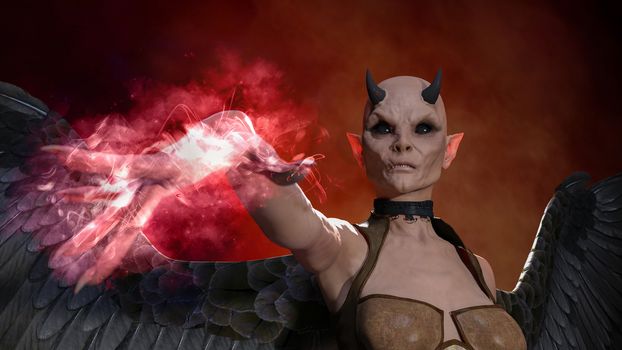 Horned female demon posing over red dark background - 3d rendering