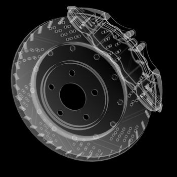 Brake disc and pads X-Ray style. Isolated on black background. 3D illustration