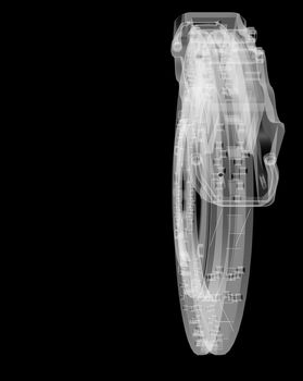 Brake disc and pads X-Ray style. Isolated on black background. 3D illustration