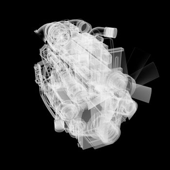 Internal combustion engine X-Ray style. Isolated on black background. 3D illustration