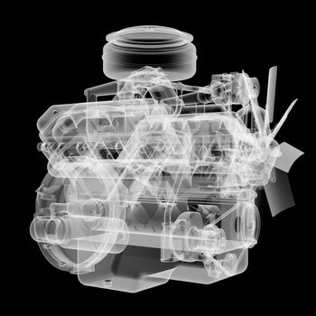 Internal combustion engine X-Ray style. Isolated on black background. 3D illustration