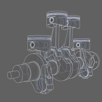 Engine pistons outline. 3D illustration. White lines and grey background