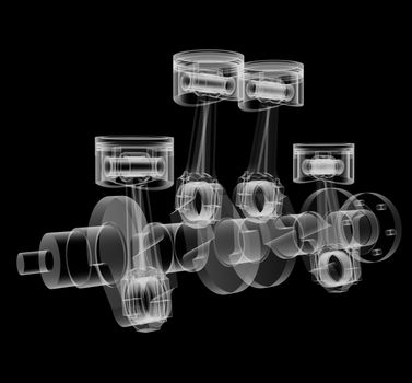 Pistons and crankshaft X-Ray style. Isolated on black background. 3D illustration