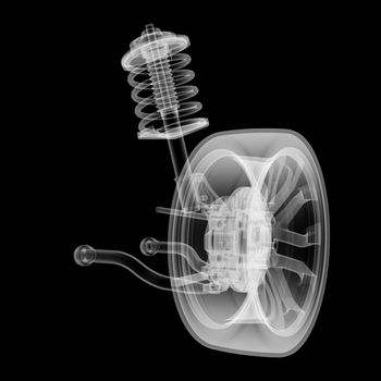 X-ray Car suspension and brake disk on black background, 3d illustration